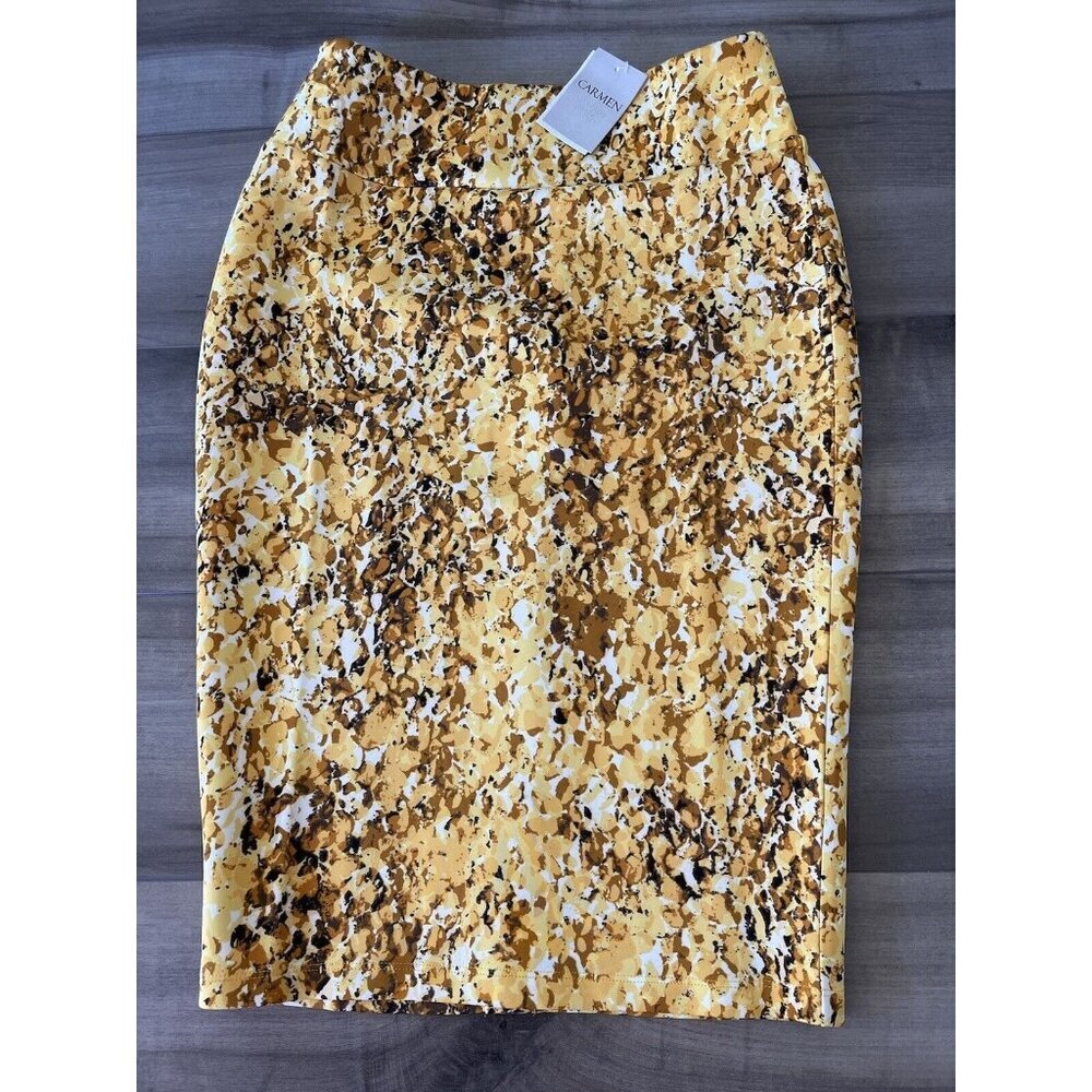 Carmen Marc Valvo Yellow Gold Brown Scuba Pencil Skirt Size L New $58 No wrinkle